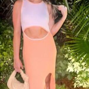 Pink and Orange Knit Midi Dress Cutout